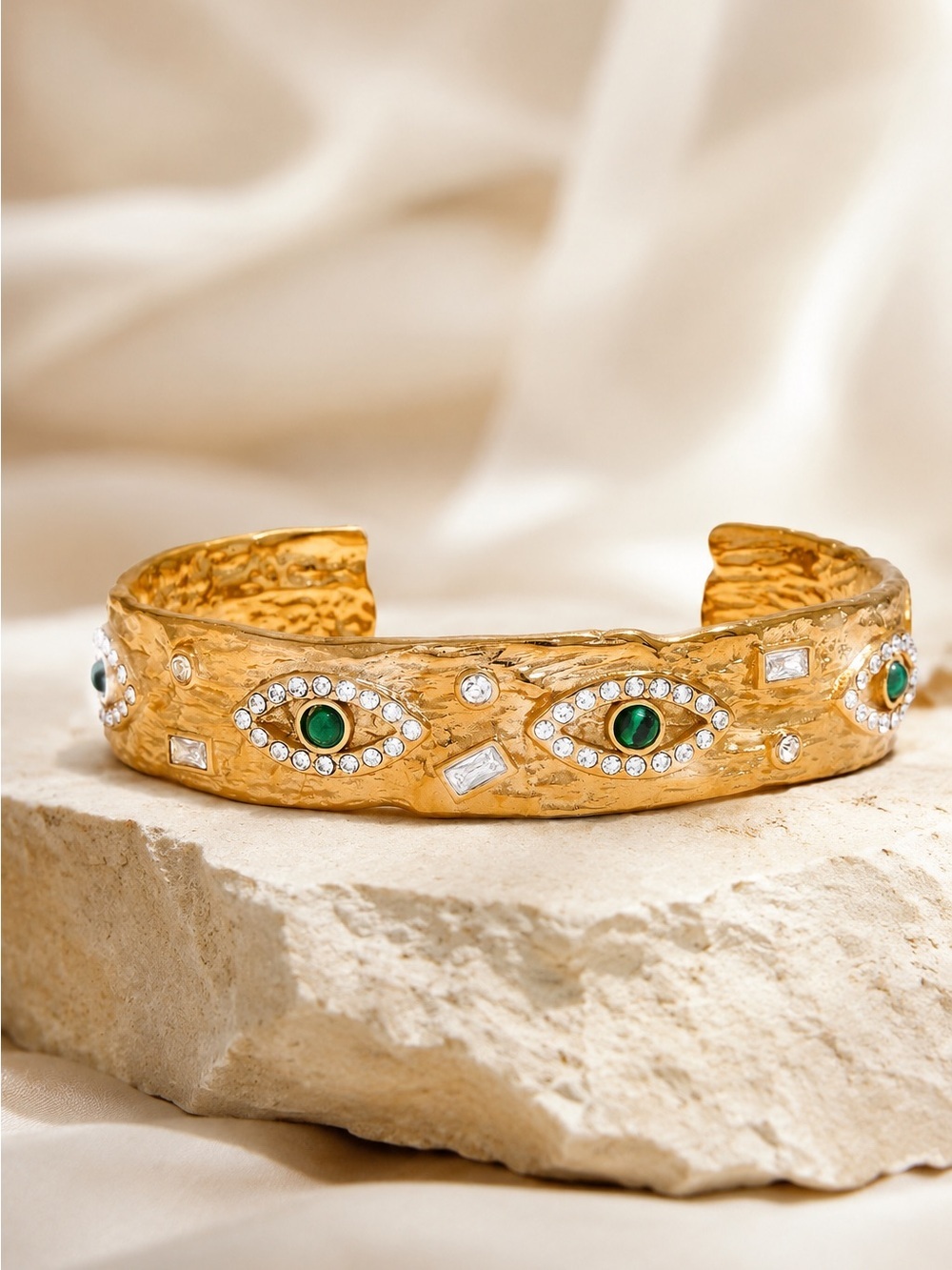 Gold plated Cuff Bracelet with Green Eye Accents